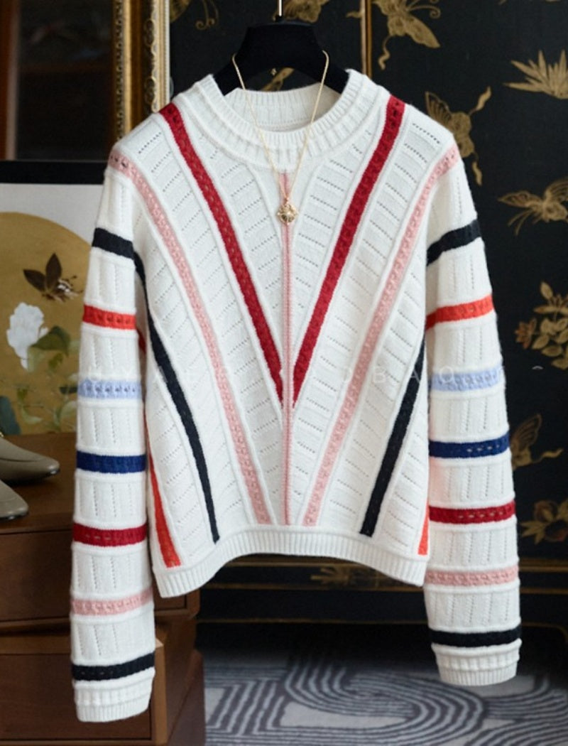 Striped Knit Sweater with Color Block Design