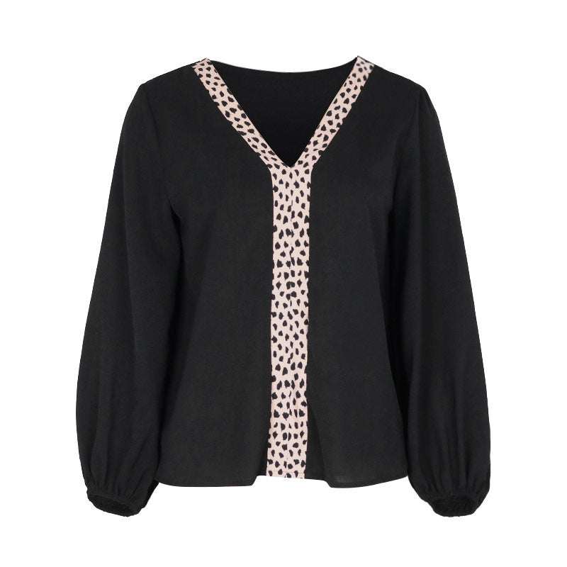 V-Neck Blouse with Leopard Print Trim
