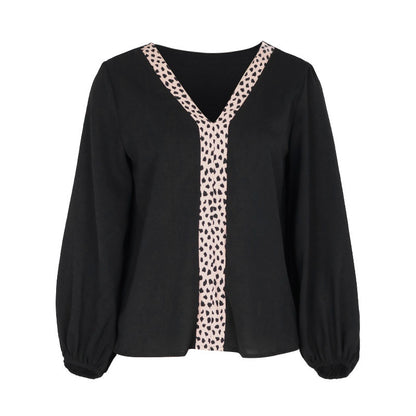 V-Neck Blouse with Leopard Print Trim