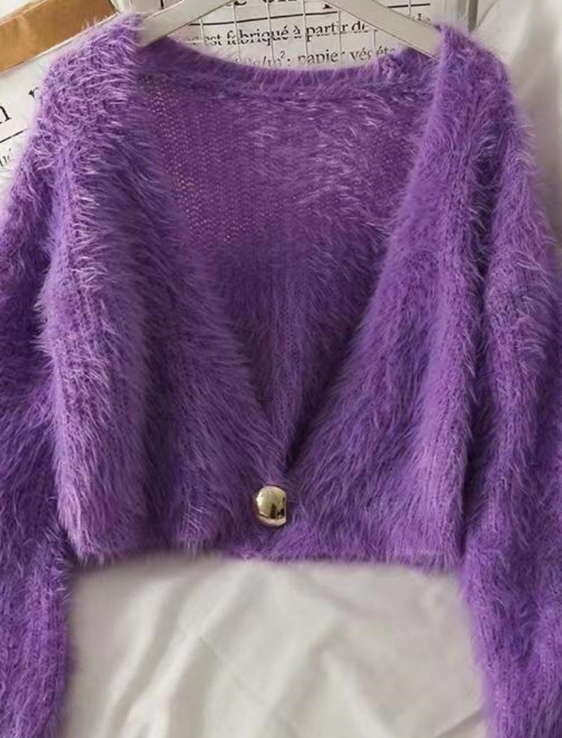 Cropped Furry Cardigan with Button Closure