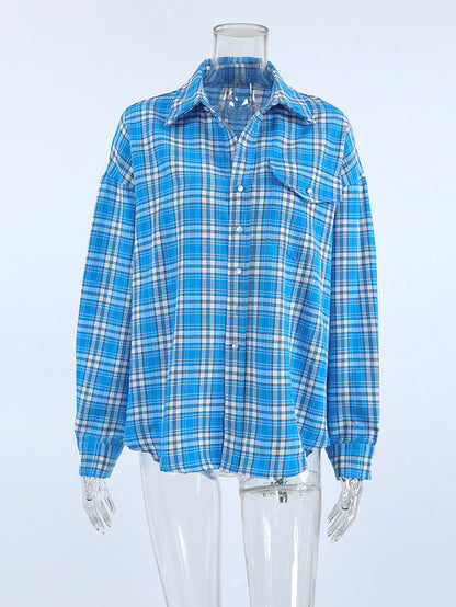 Loose-Fitting Plaid Collared Long Sleeve Shirt