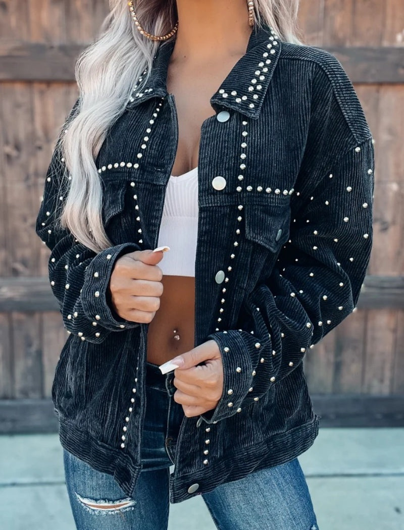 Studded Corduroy Button-Up Jacket