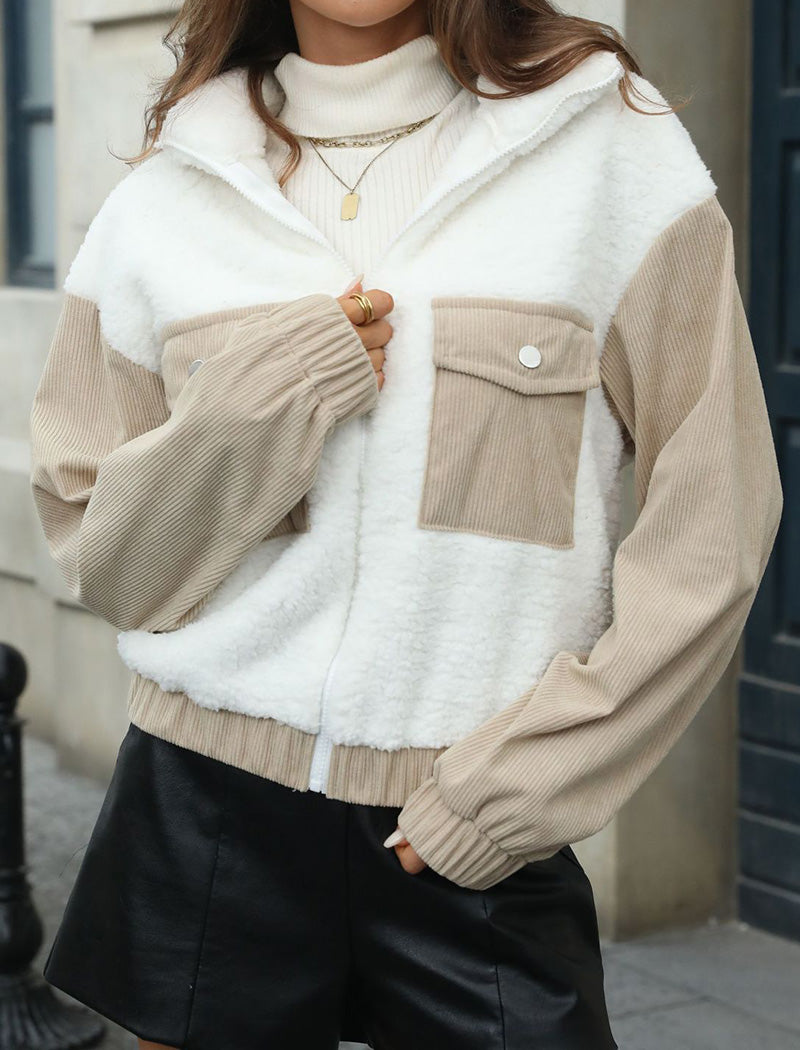 Plush Patchwork Corduroy Loose Cardigan