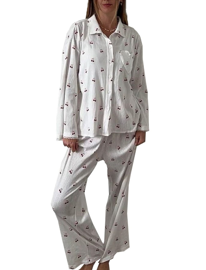 Cherry Print Button-Front Pajama Set