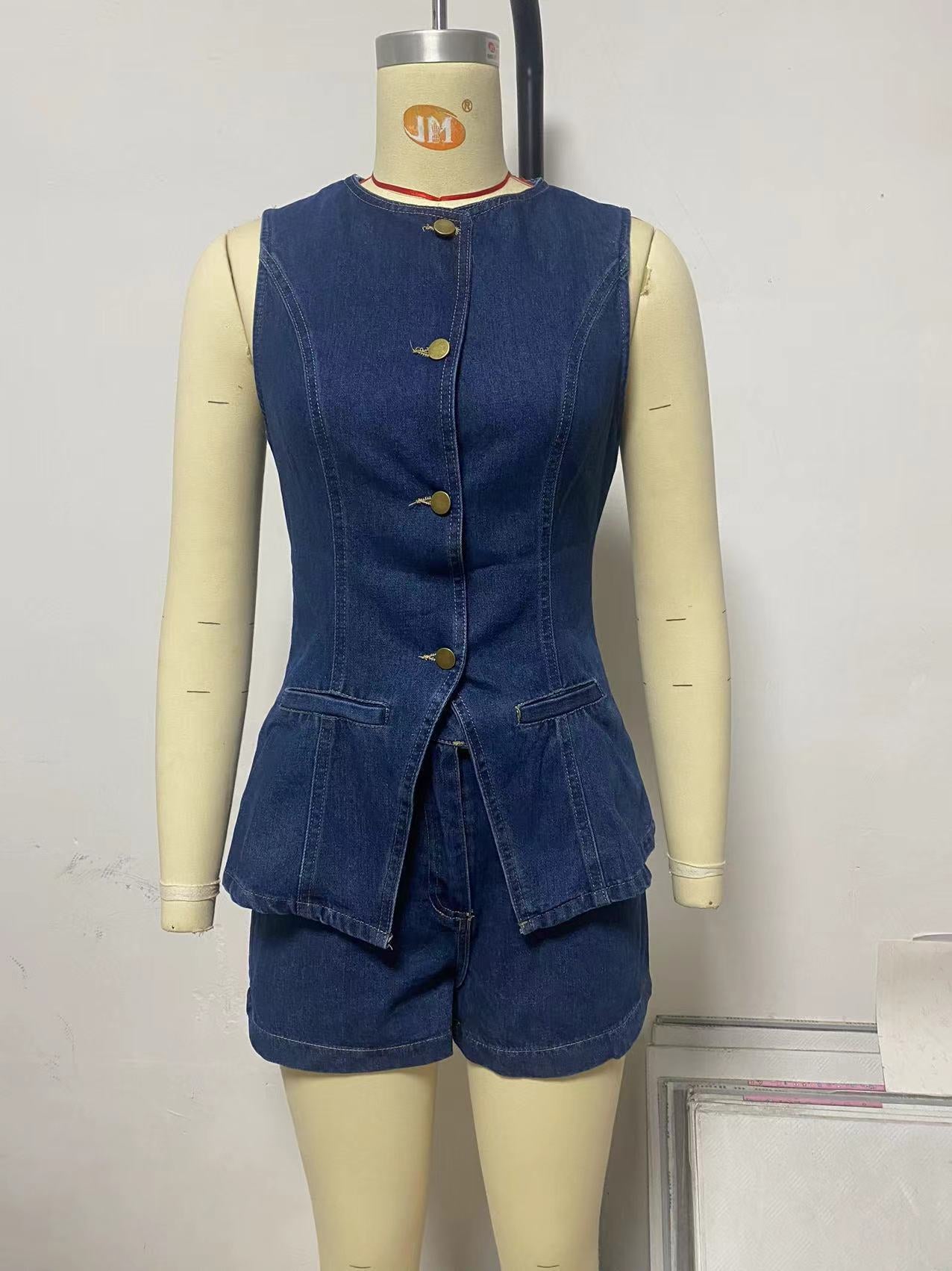 Denim Vest and  High-Waist Shorts Set