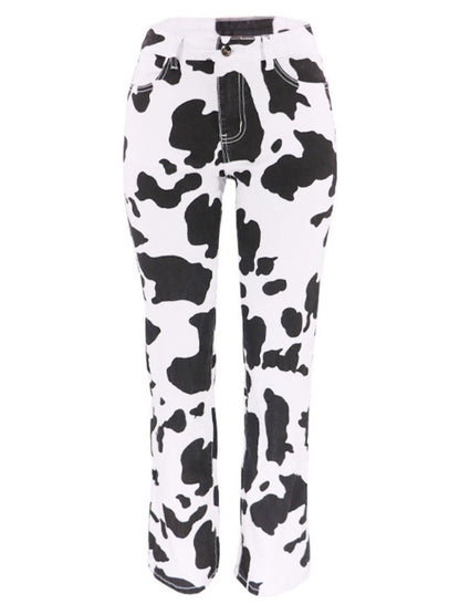 High-Waist Flared Cow Print Pants