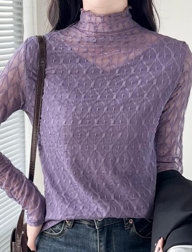 Mesh Long-Sleeve Turtleneck Top