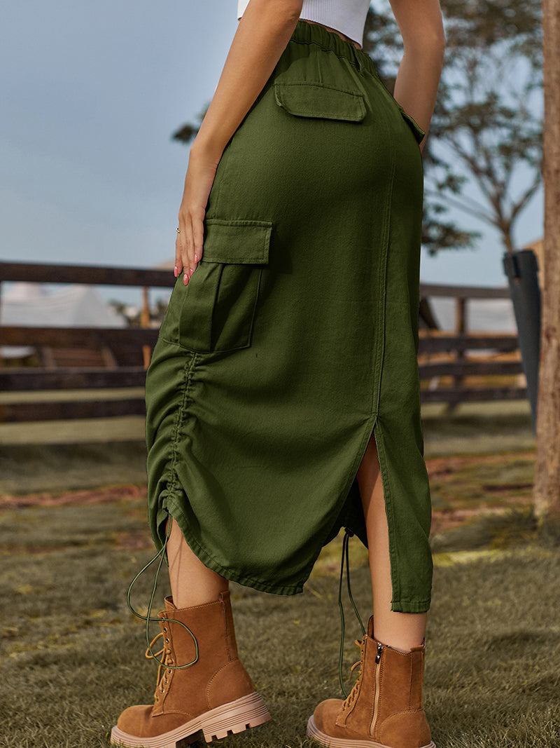 Drawstring Ruched Cargo Midi Skirt