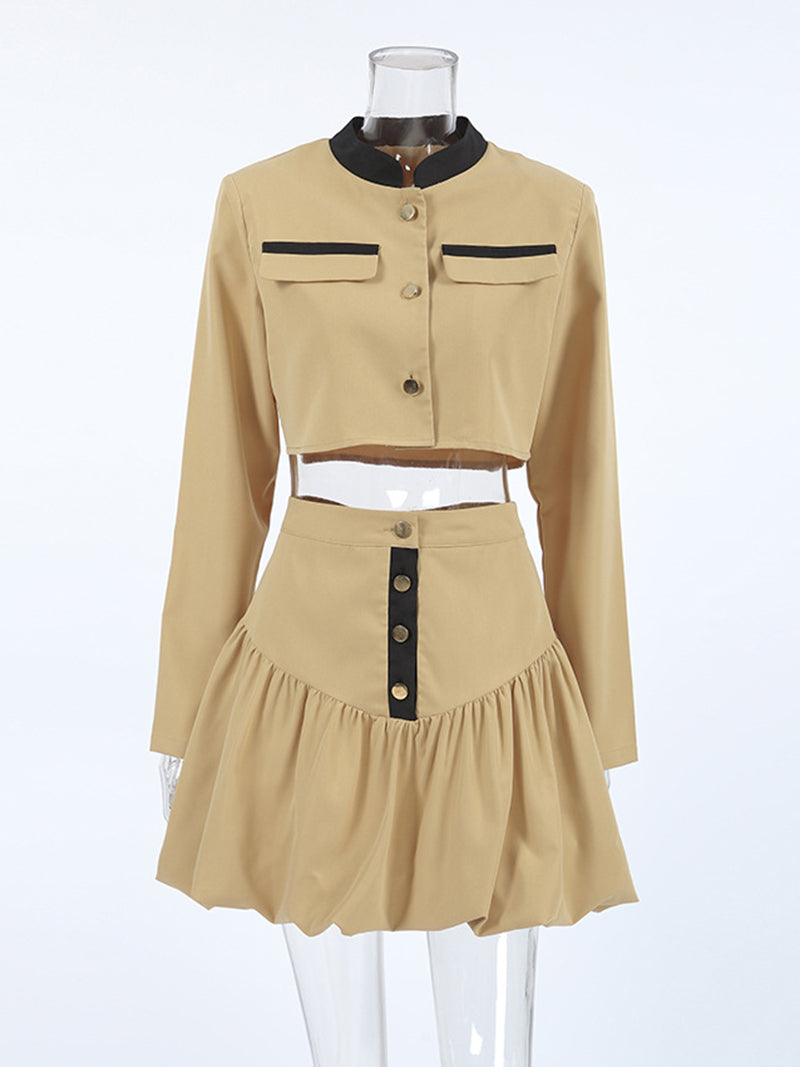 Buttoned Cropped Jacket and Skirt Set