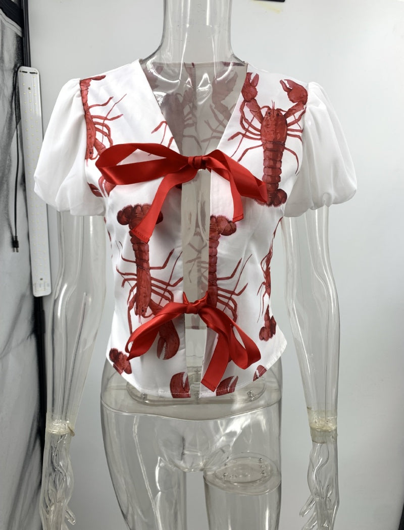 Lobster Print Bow Tie Casual Two-piece Set