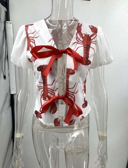 Lobster Print Bow Tie Casual Two-piece Set