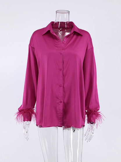 Feather Trim Button-Up Top