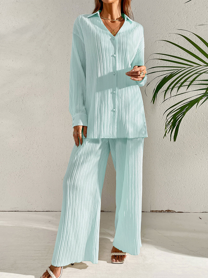 Pleated Button-Up Shirt and Wide-Leg Pants