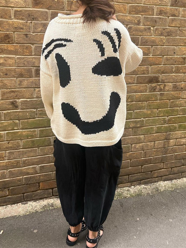 Smile Print Colorblock Pullover Sweater