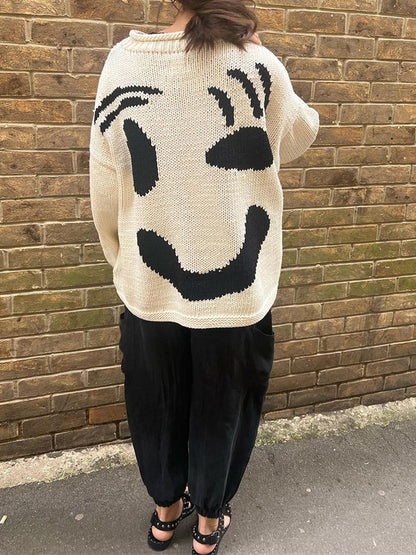 Smile Print Colorblock Pullover Sweater