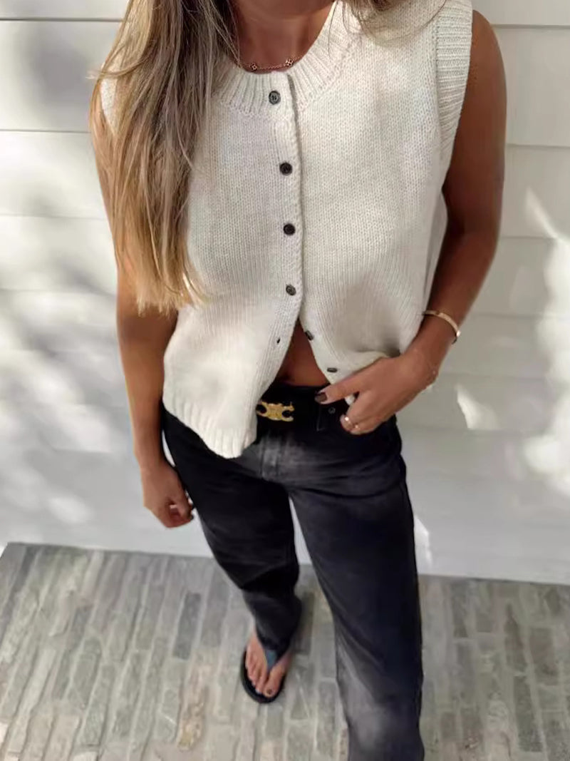 Sleeveless Button-Up Knit Top