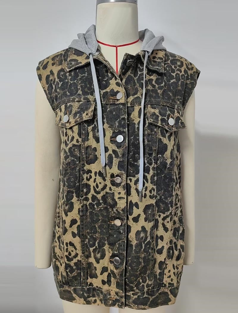 Leopard Print Sleeveless Denim Vest