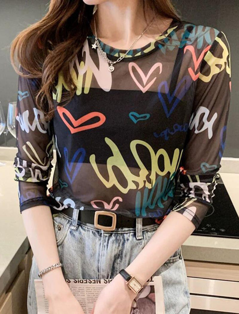 Graffiti Print Long Sleeve Mesh Tee