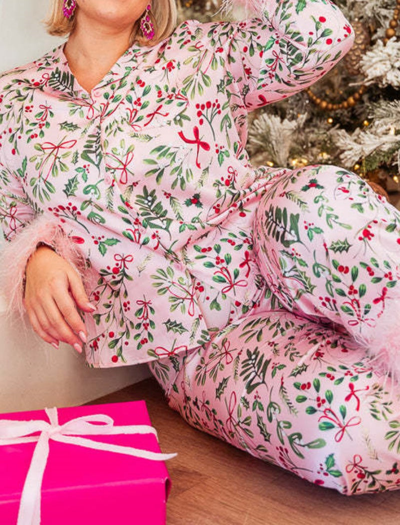 Christmas Themed Pajama Set with Feather Cuffs