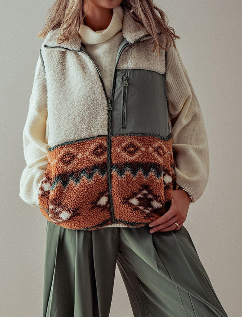 High Neck Color-Block Fleece Vest