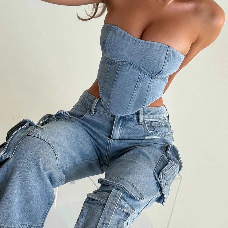 Strapless Denim Crop Top