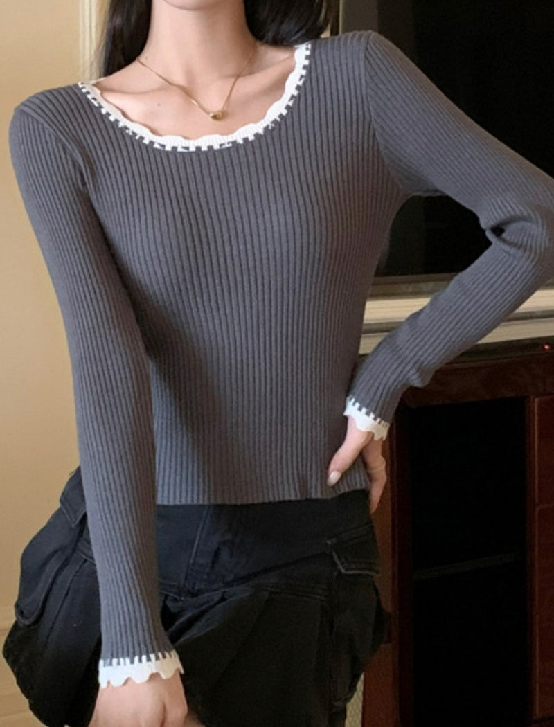 Ribbed Long-Sleeve Knit Top with Contrast Trim