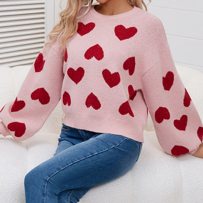 Cropped Heart-Print Long-Sleeve Sweater