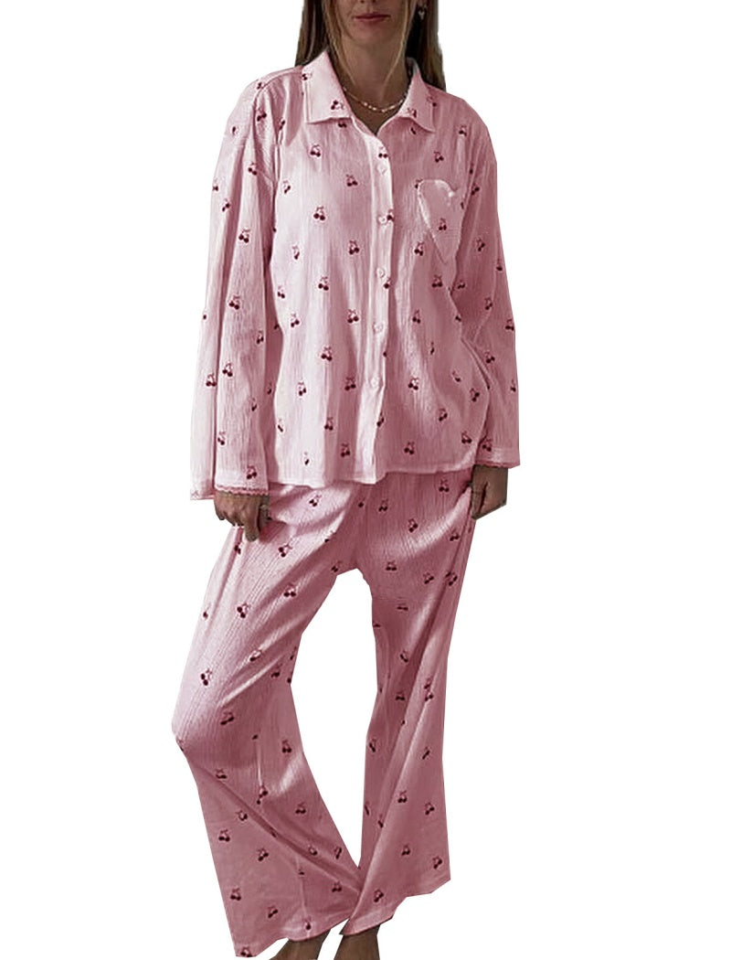 Cherry Print Button-Front Pajama Set