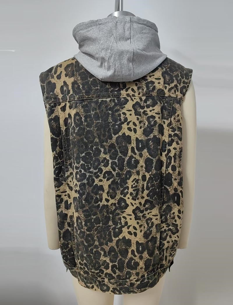 Leopard Print Sleeveless Denim Vest