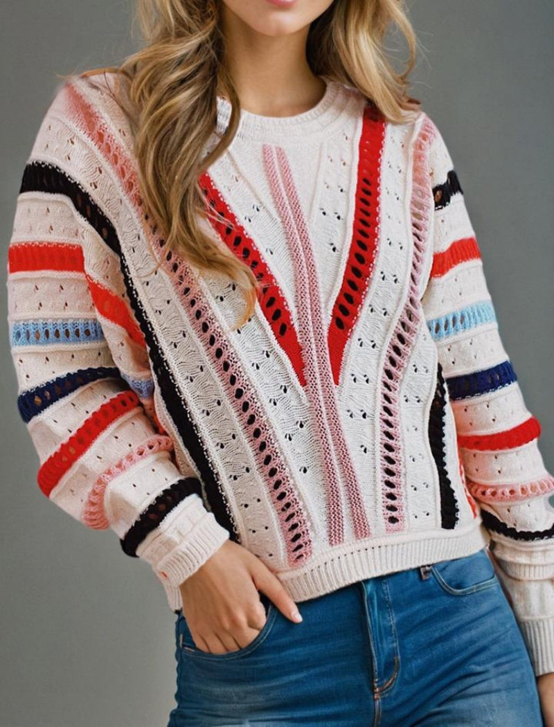 Striped Knit Sweater with Color Block Design