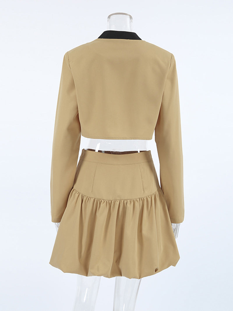 Buttoned Cropped Jacket and Skirt Set