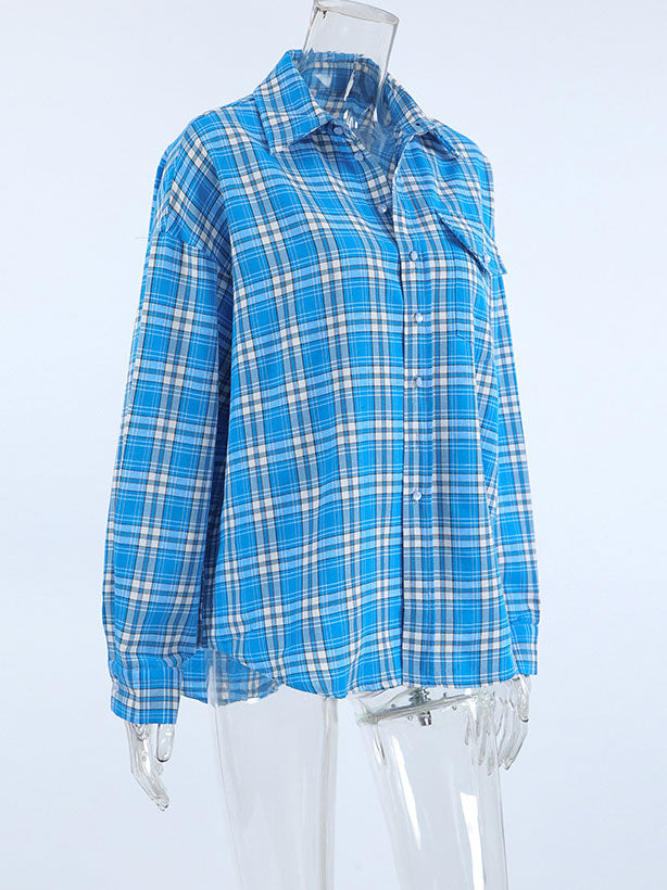 Loose-Fitting Plaid Collared Long Sleeve Shirt