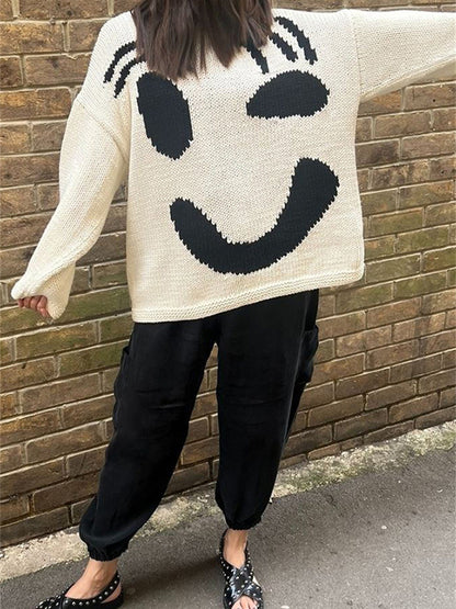 Smile Print Colorblock Pullover Sweater