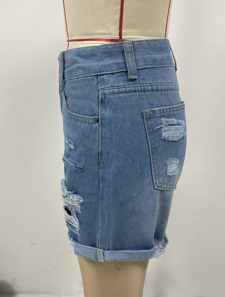 Ripped Straight-Leg Denim Shorts