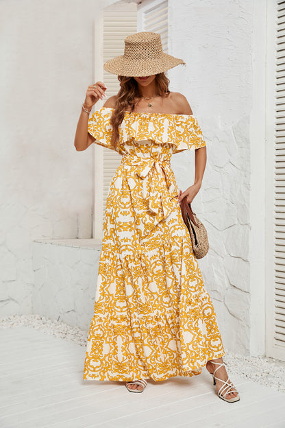 DVI407005D Off-Shoulder Belted Maxi Dress