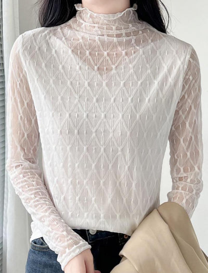 Mesh Long-Sleeve Turtleneck Top