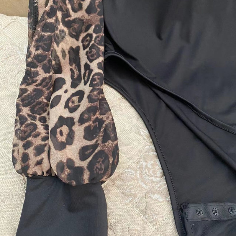 Leopard Print Long Sleeve V-Neck Bodysuit