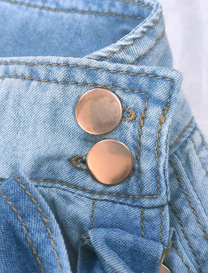 Puff Sleeve Denim Blouse with Bow Accent