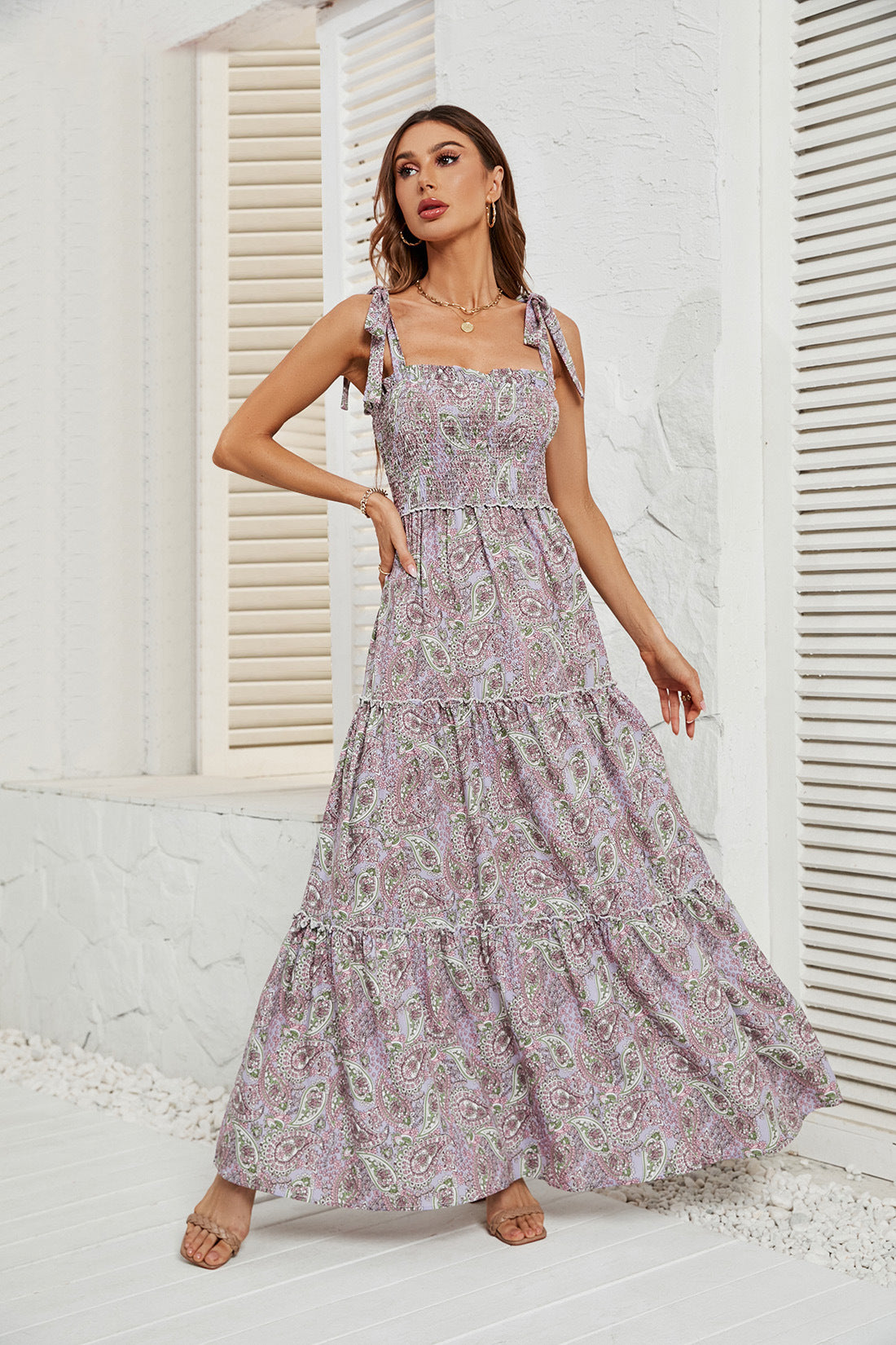 DVI407010D Smocked Paisley Print Maxi Dress