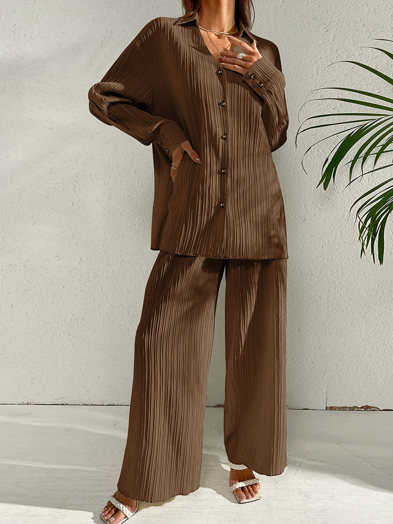 Pleated Button-Up Shirt and Wide-Leg Pants