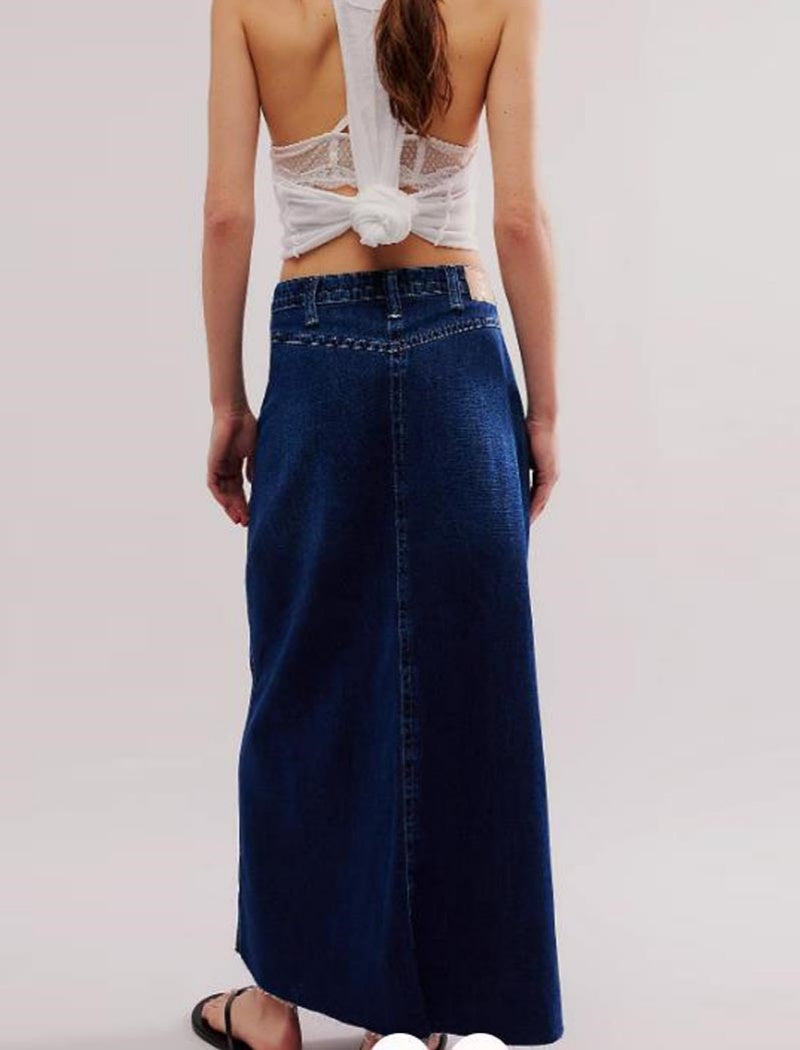 Button-Front Denim Maxi Skirt