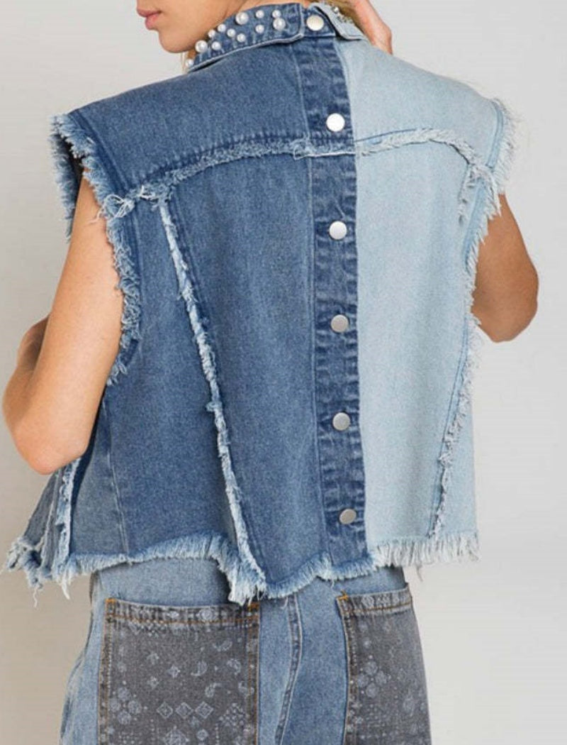 Studded Two-Tone Denim Vest