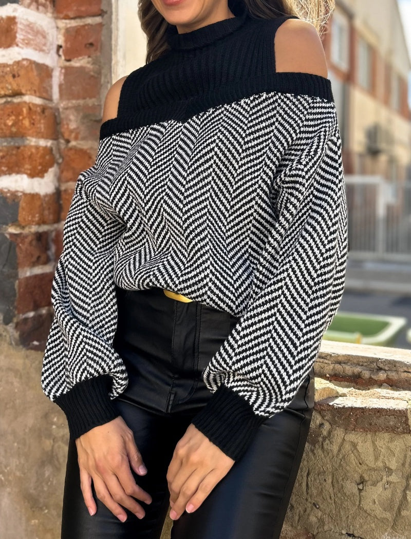 Off-Shoulder Herringbone Sweater