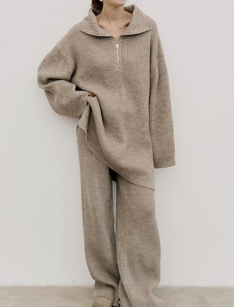 Oversized Knit Zip-Up Sweater and Pants Set