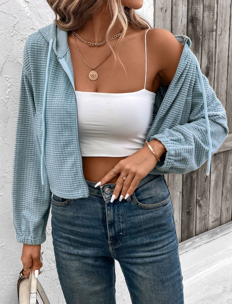 Waffle Textured Cropped Zip-Up Hoodie