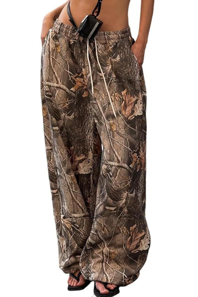 Wide-Leg Camo Printed Drawstring Pants