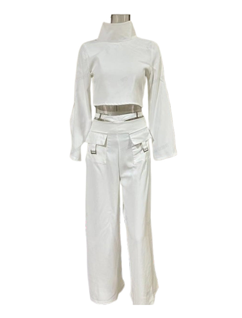 High Neck Crop Top and Wide Leg Pants Set