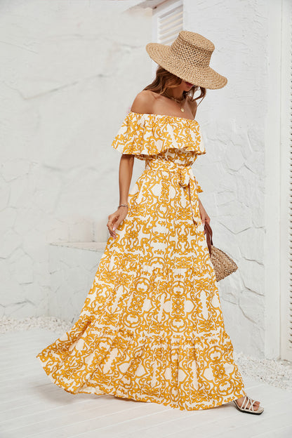 DVI407005D Off-Shoulder Belted Maxi Dress