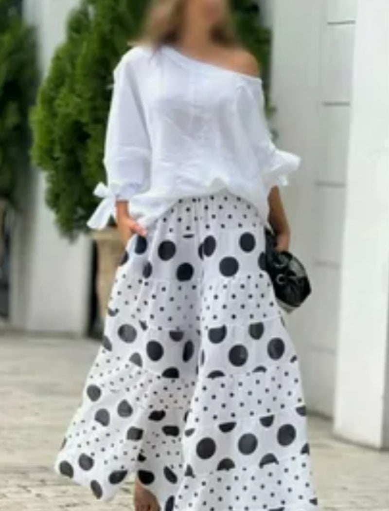 Off-Shoulder Top with Polka Dot Pants Set