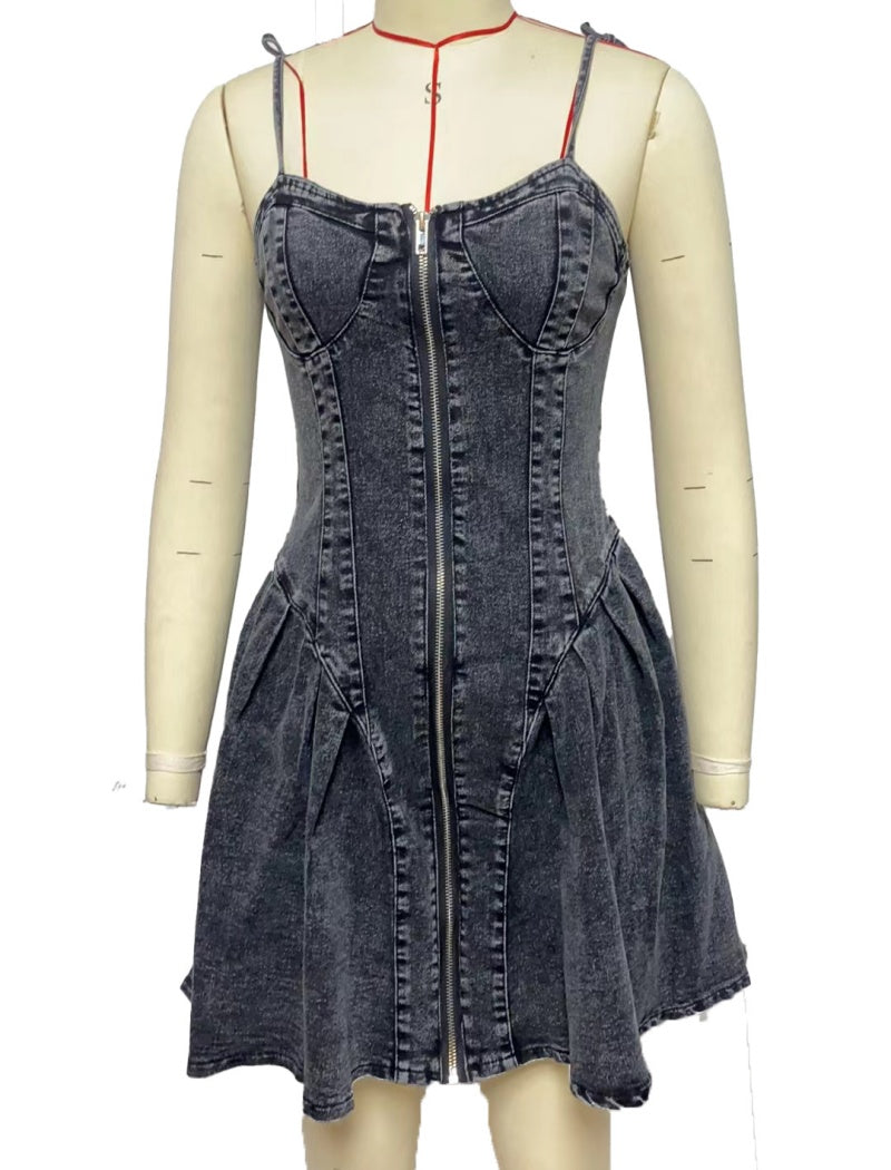 Zipper Front Denim Mini Dress